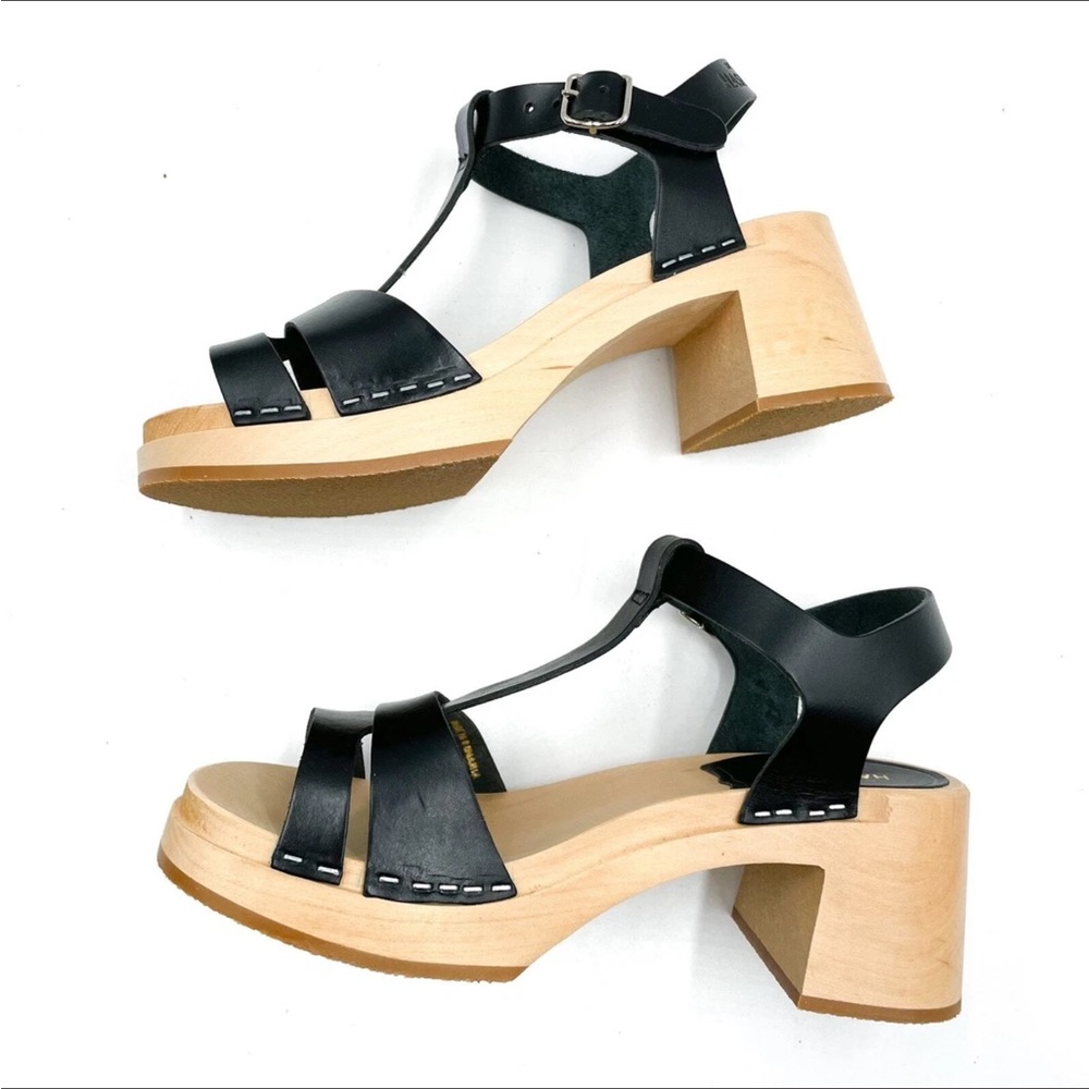 Swedish Hasbeens Birgit Black Sandal Leather Clog Wood Platform Sz 37/ 7